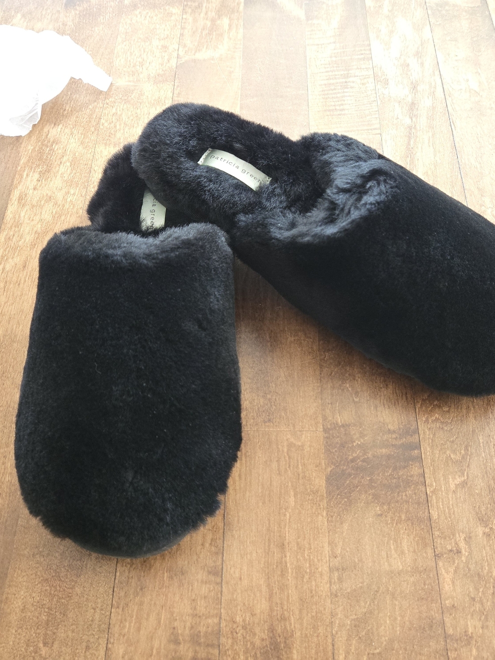 Patricia Green Black Plush Faux-Fur Slip-On Slippers